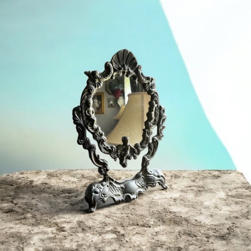 Vintage Ornate silver plated cherubs Tabletop Mirror